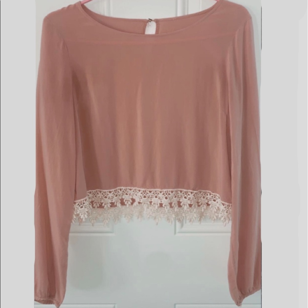 Pink long sleeve crop shirt with lace trim